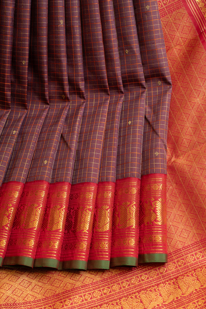 Beetlenut brown checks pure Kanchipuram silk saree