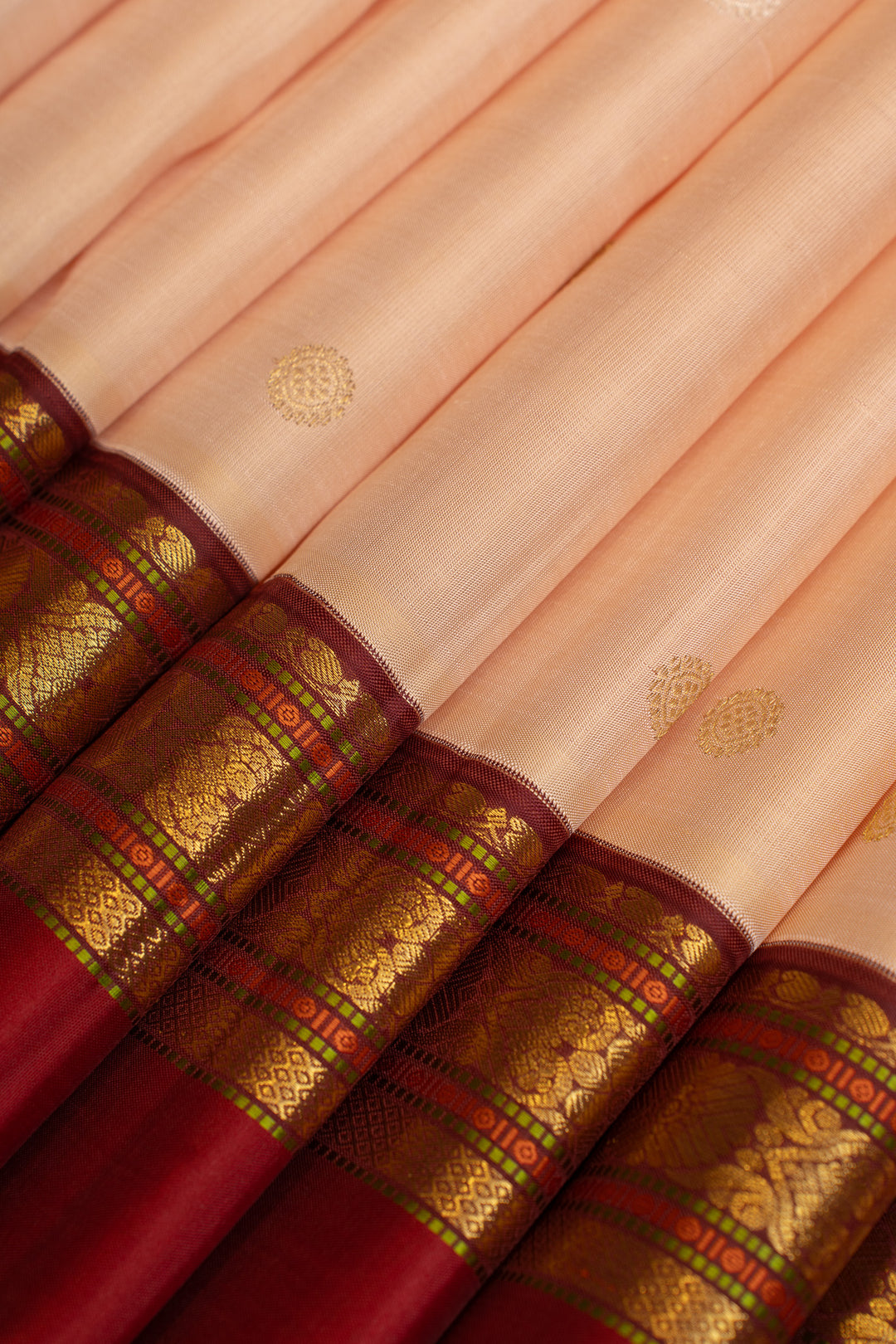 Pastel pink and red pure Kanchipuram silk saree