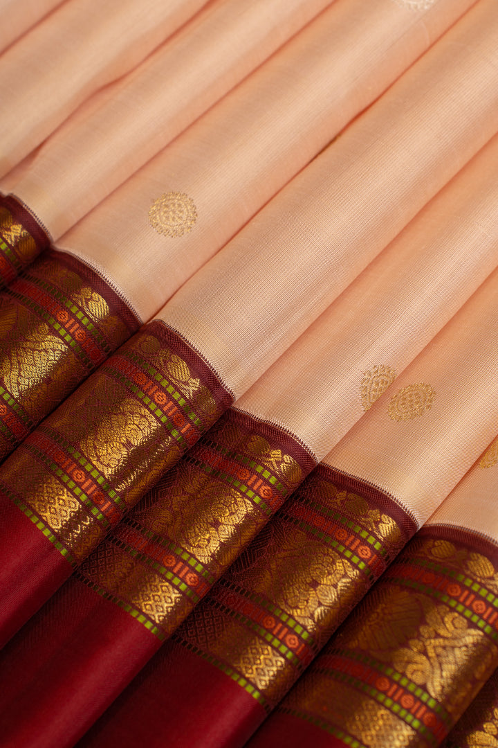 Pastel pink and red pure Kanchipuram silk saree
