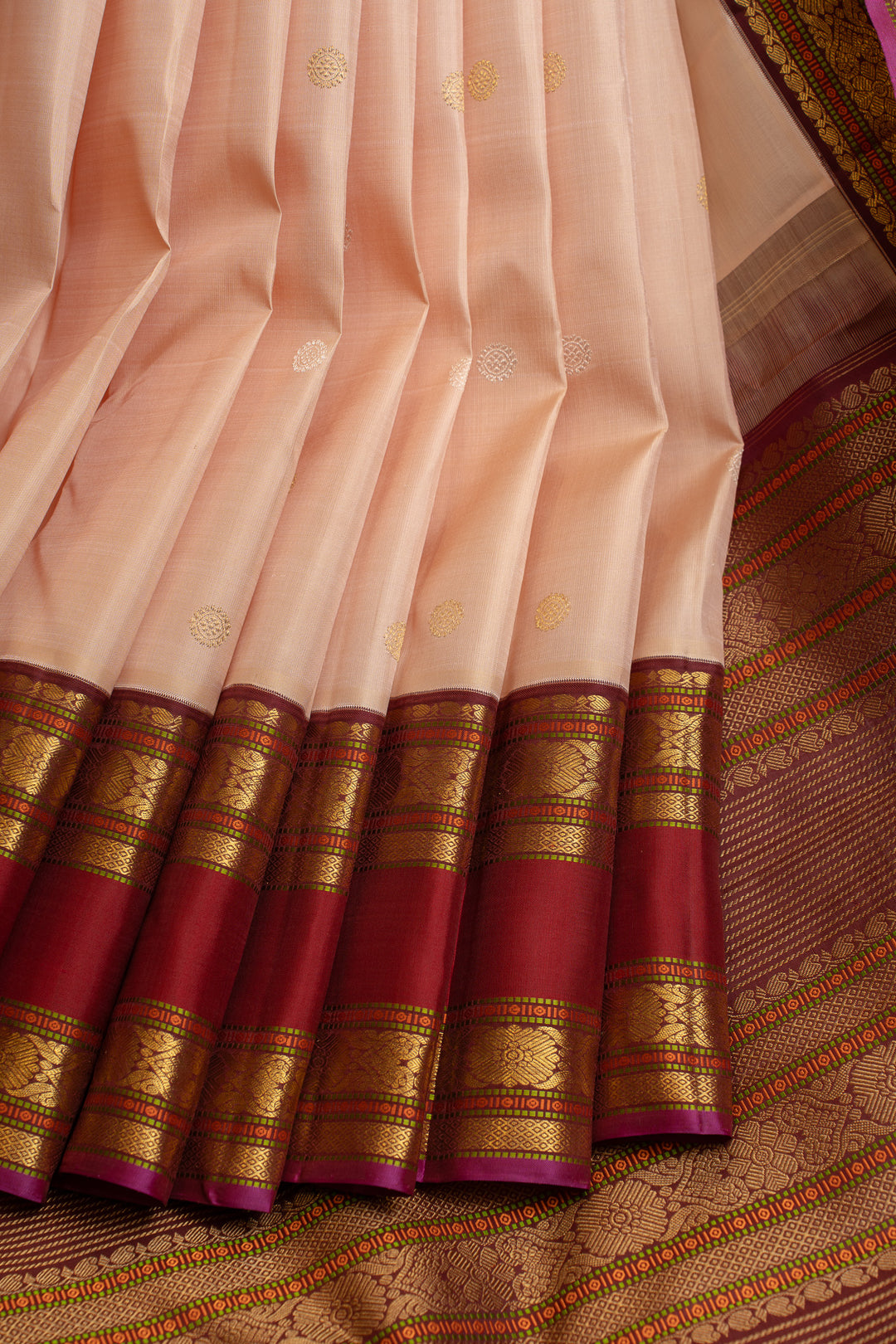 Pastel pink and red pure Kanchipuram silk saree