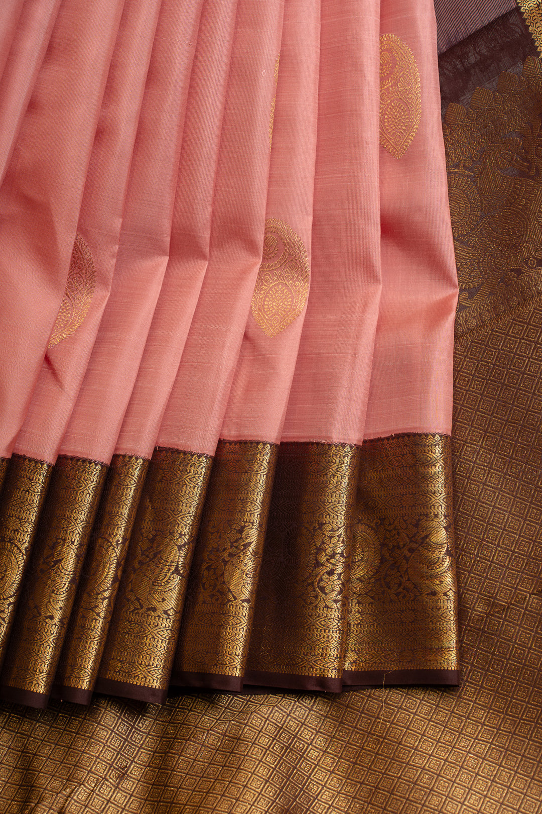 Pastel pink and brown pure Kanchipuram silk saree