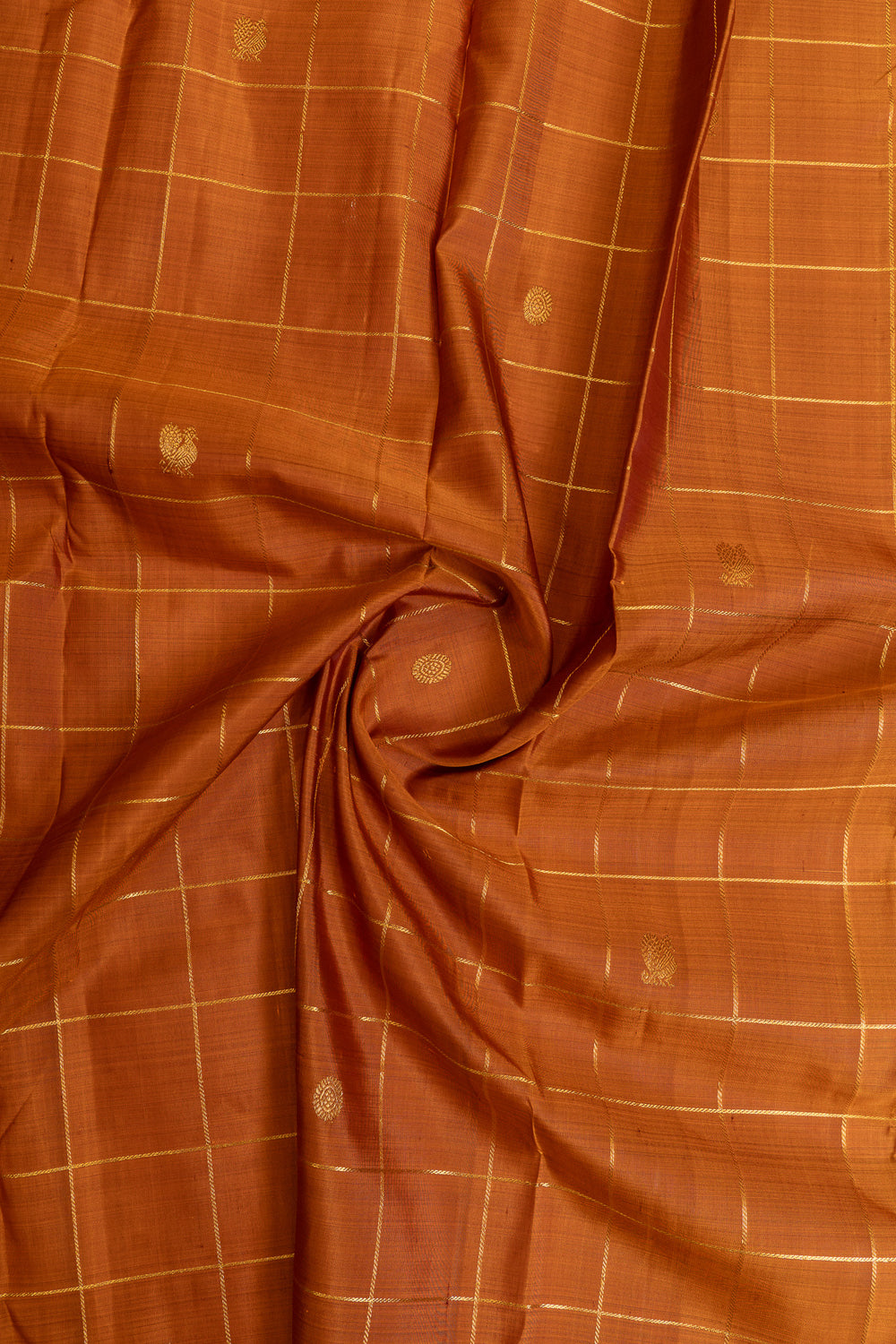 Rust orange and brown checks pure Kanchipuram silk saree