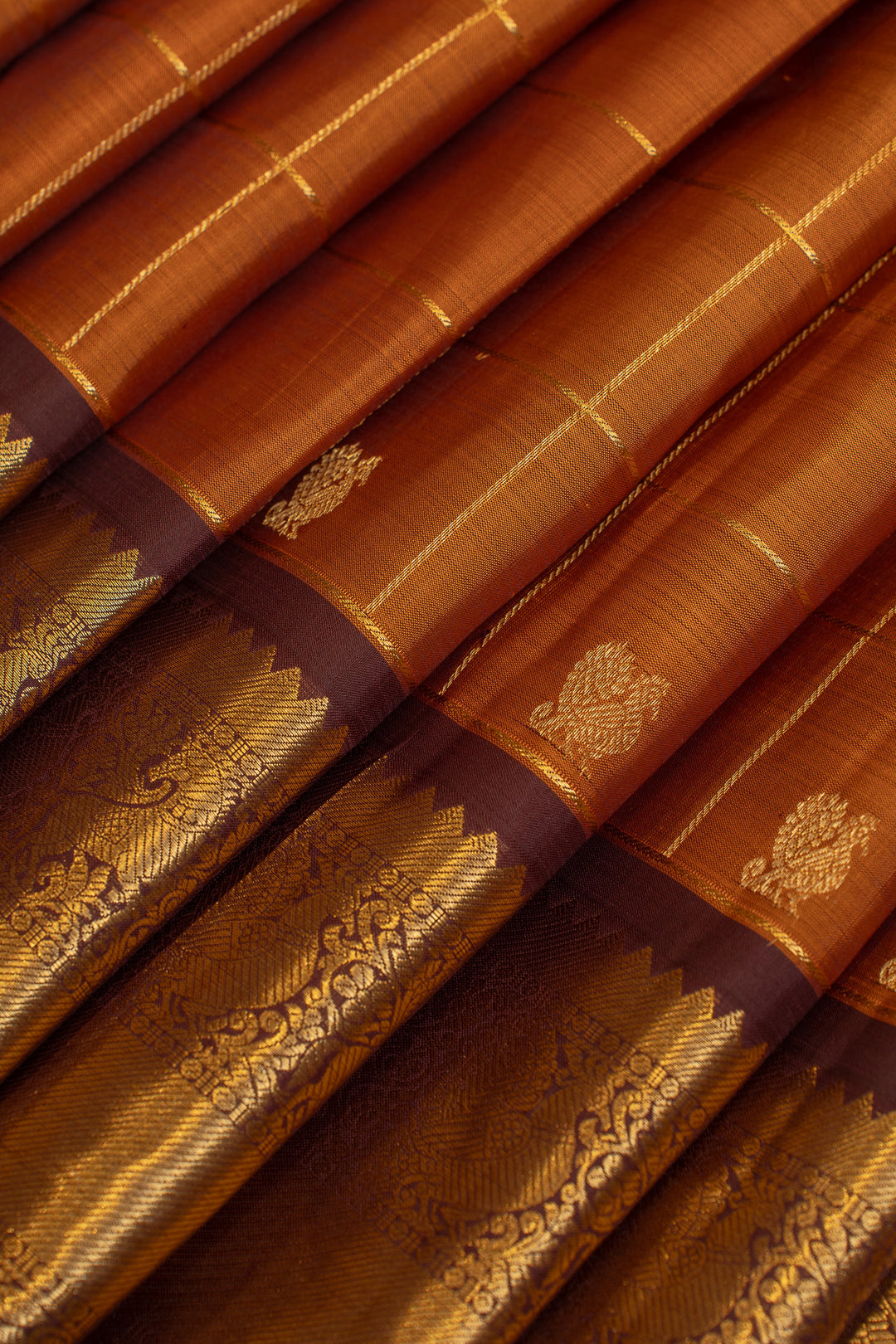 Rust orange and brown checks pure Kanchipuram silk saree
