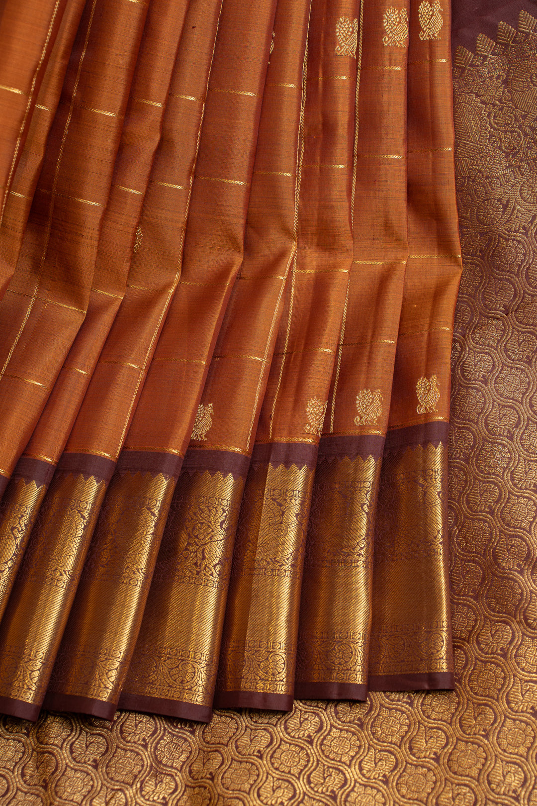 Rust orange and brown checks pure Kanchipuram silk saree