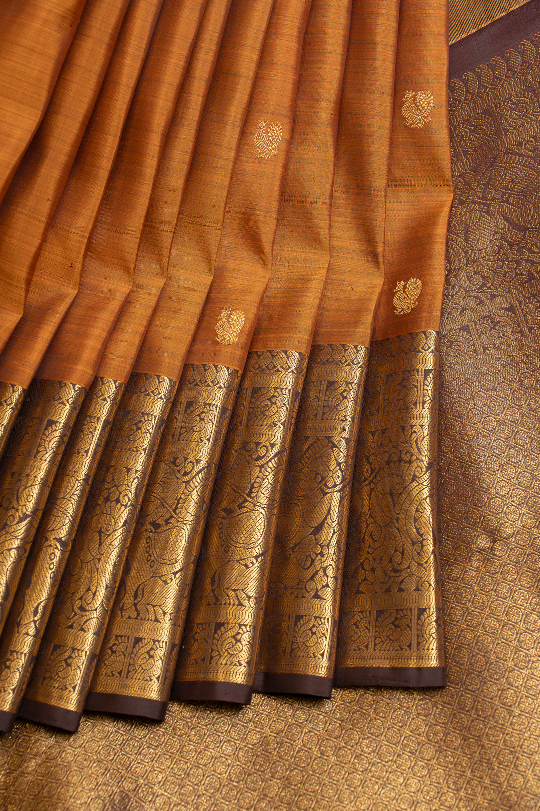 Rust orange varisaipettu pure Kanchipuram silk saree