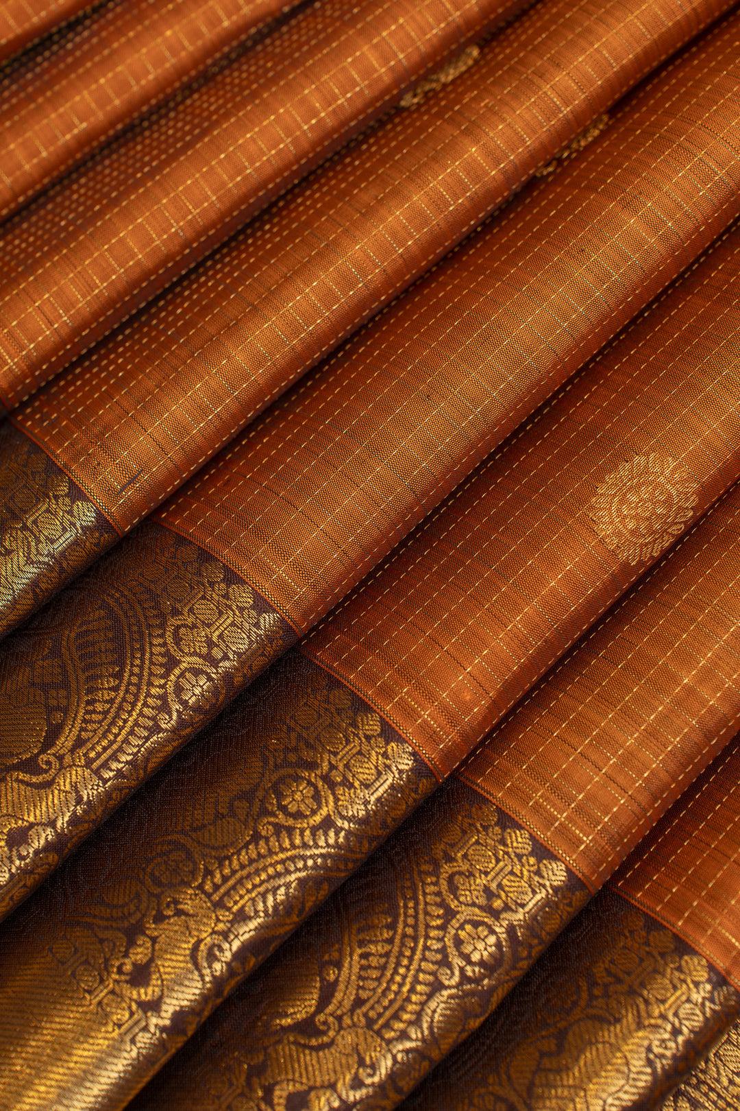Rust orange zari checks pure Kanchipuram silk saree