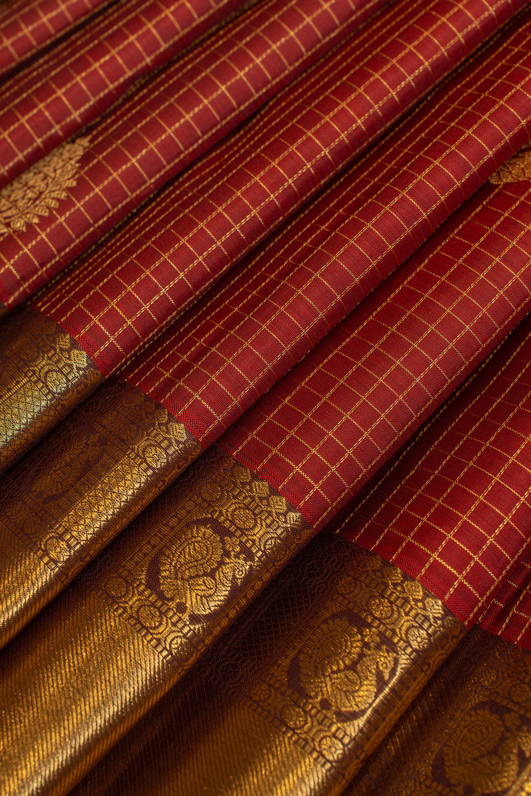 Reddish maroon zari checks pure Kanchipuram silk saree