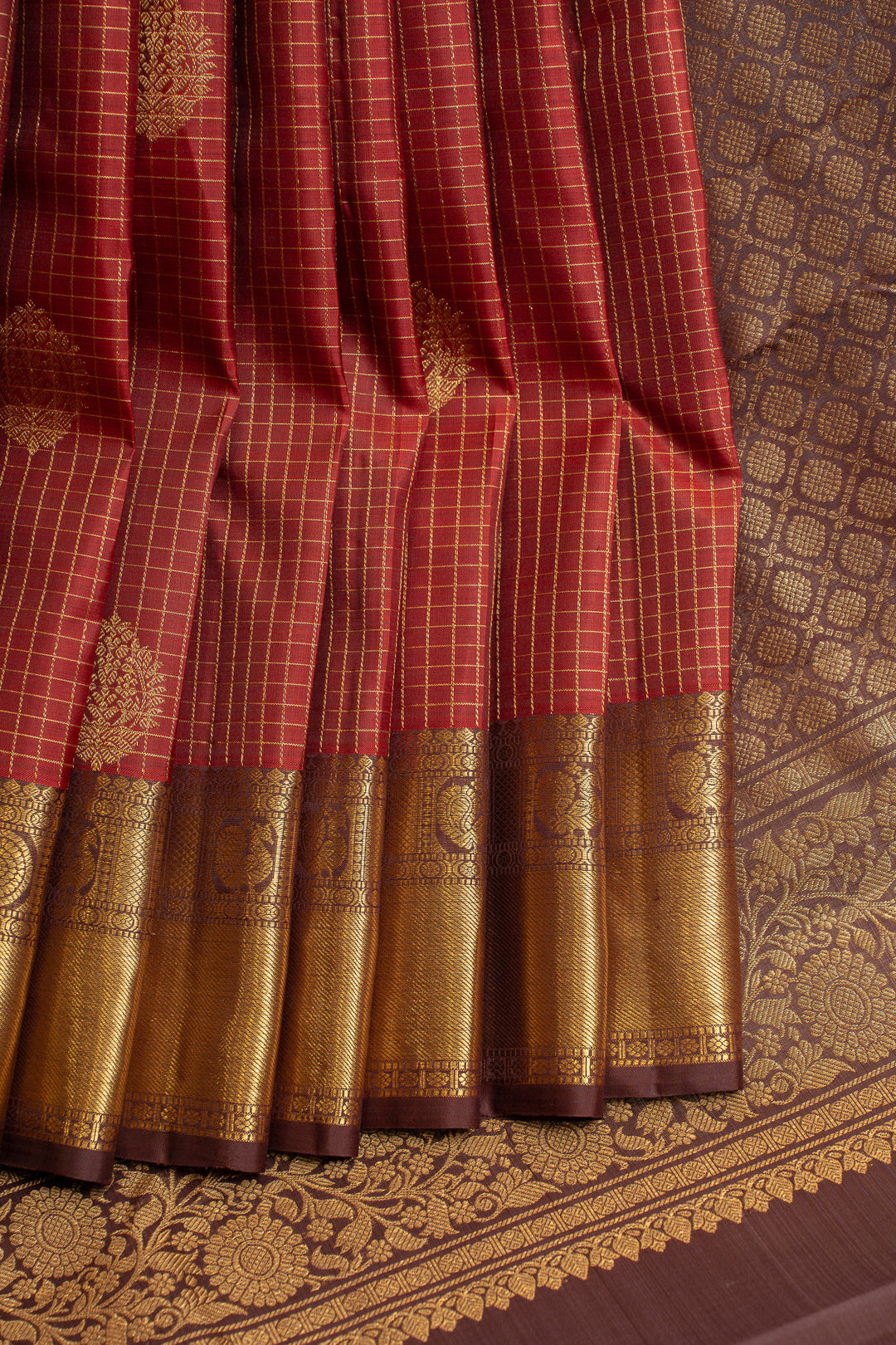 Reddish maroon zari checks pure Kanchipuram silk saree