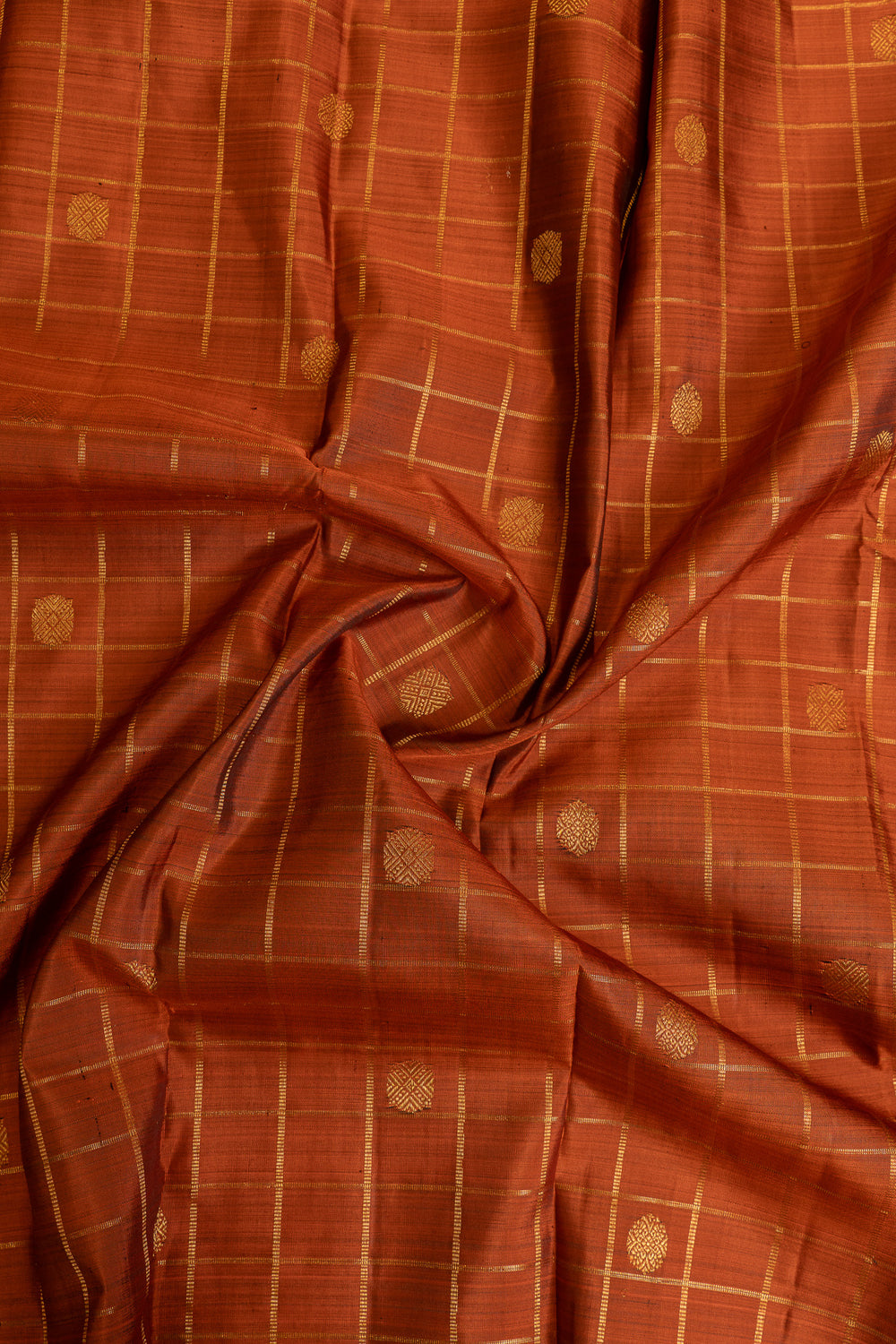 Rust orange zari checks pure Kanchipuram silk saree