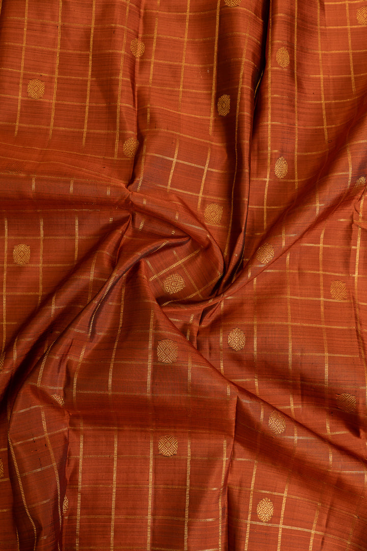 Rust orange zari checks pure Kanchipuram silk saree
