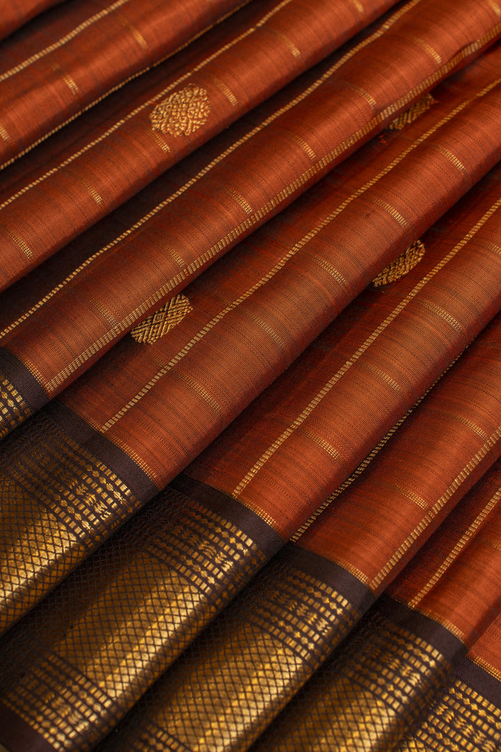 Rust orange zari checks pure Kanchipuram silk saree