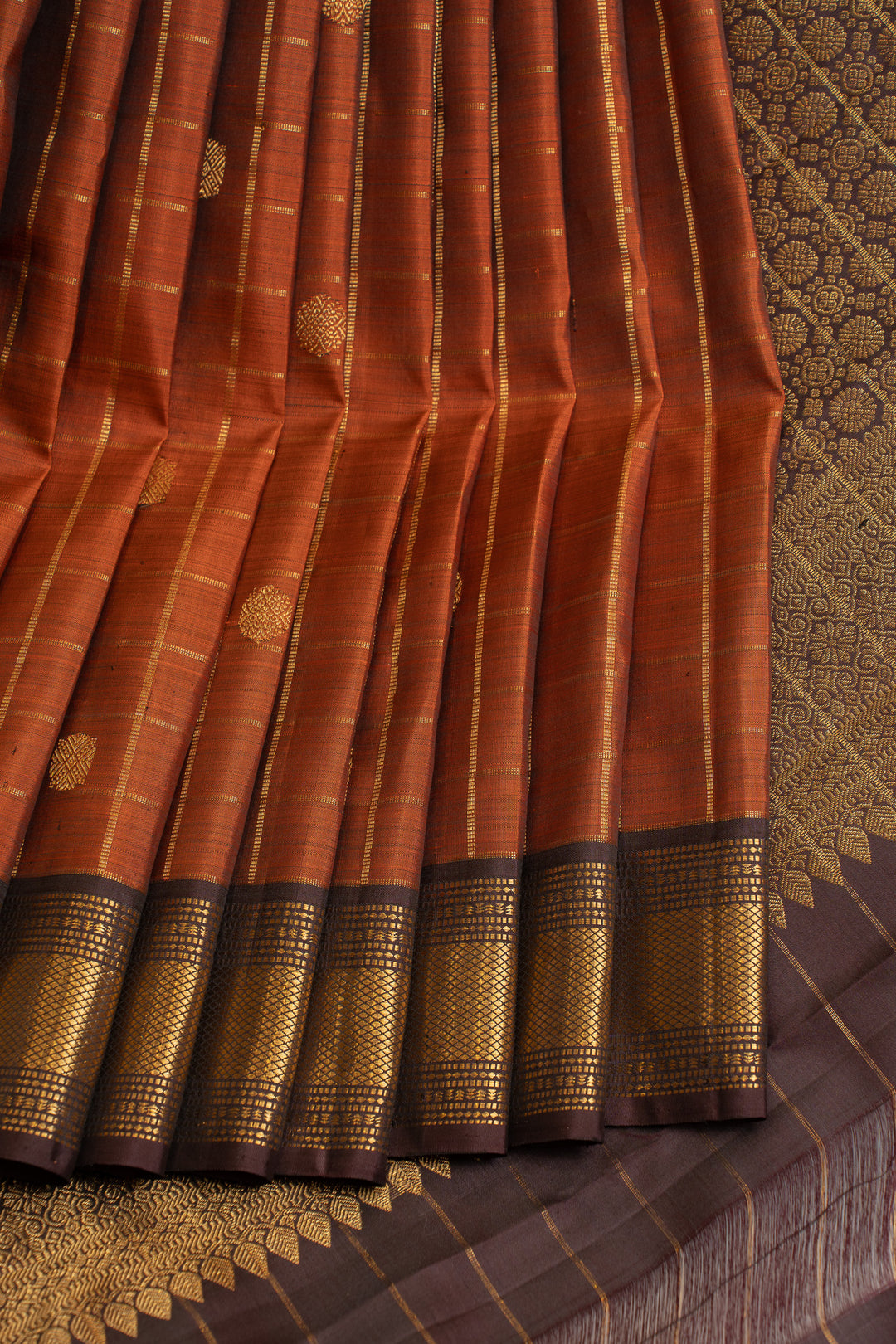 Rust orange zari checks pure Kanchipuram silk saree