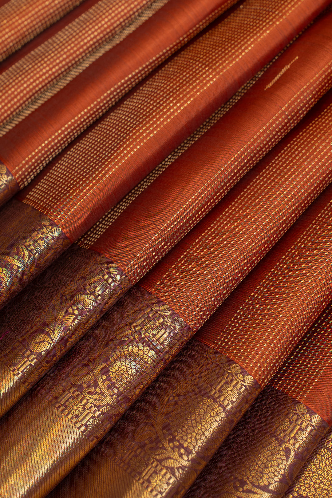 Rus orange zari panel pure Kanchipuram silk saree
