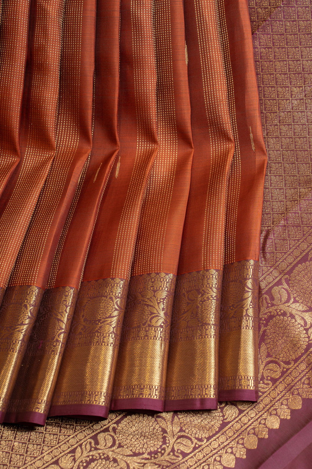 Rus orange zari panel pure Kanchipuram silk saree