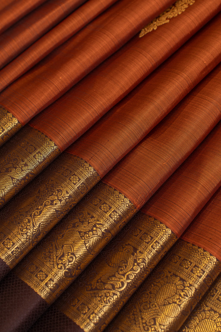 Rust orange and brown rettai pettu pure Kanchipuram silk saree