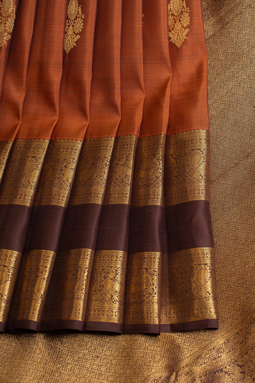 Rust orange and brown rettai pettu pure Kanchipuram silk saree
