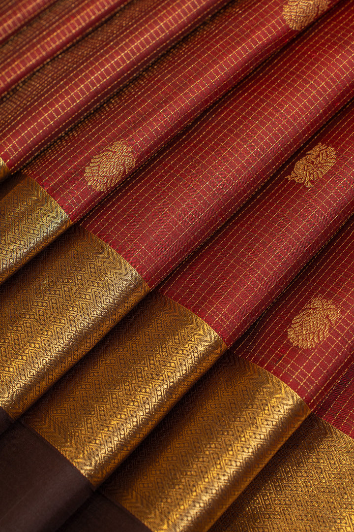 Rust orange zari checks pure Kanchipuram silk saree