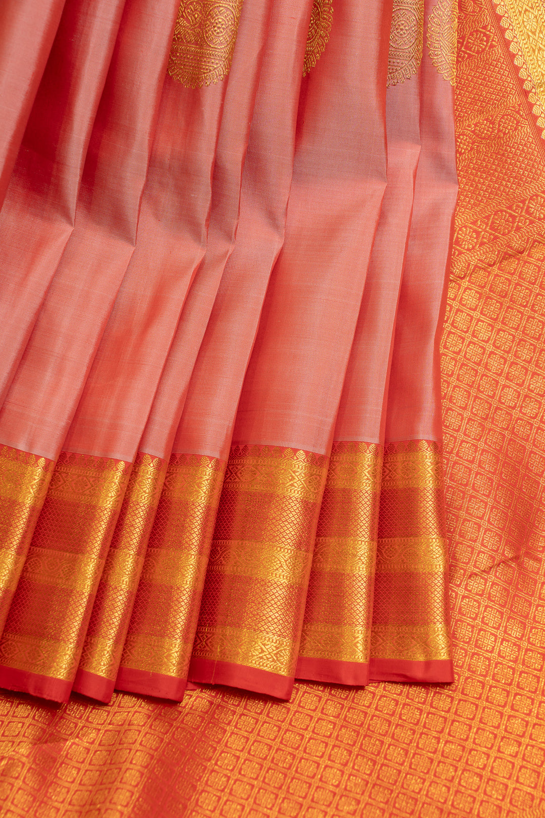 Peach and red pure Kanchipuram silk saree