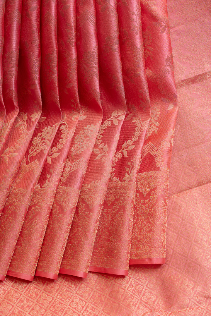 Peach pink brocade pure Kanchipuram silk saree