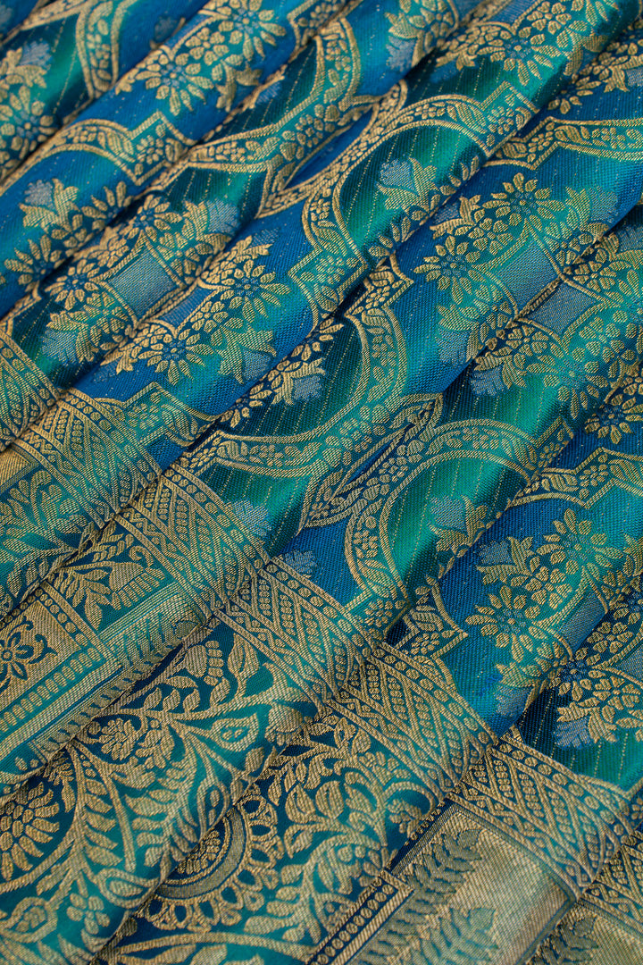 Peacock blue brocade pure Kanchipuram silk saree
