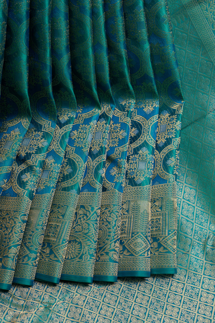 Peacock blue brocade pure Kanchipuram silk saree