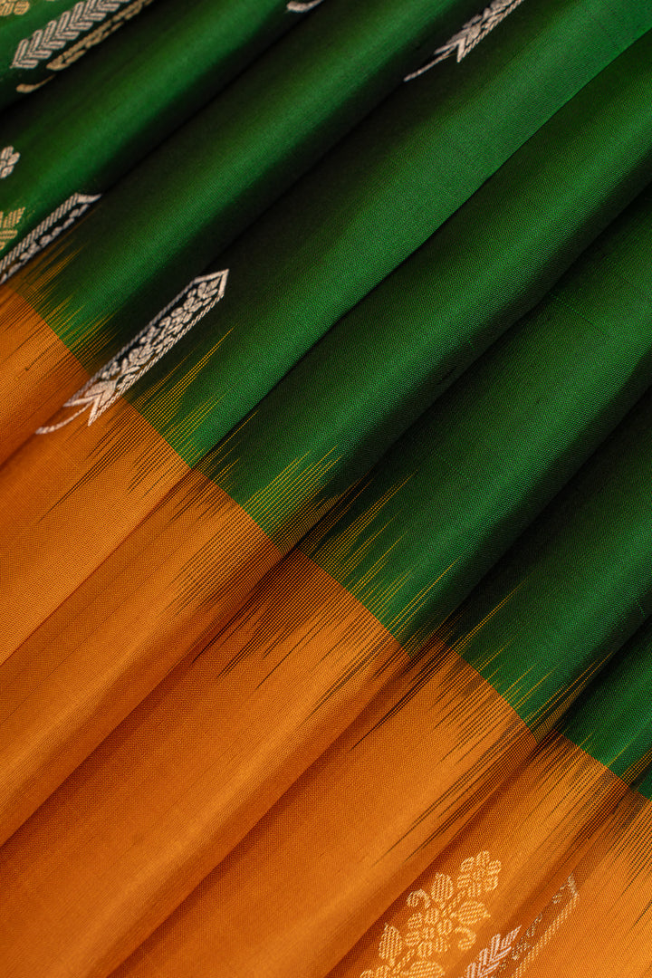 Bottle green and mustard pure soft silk saree