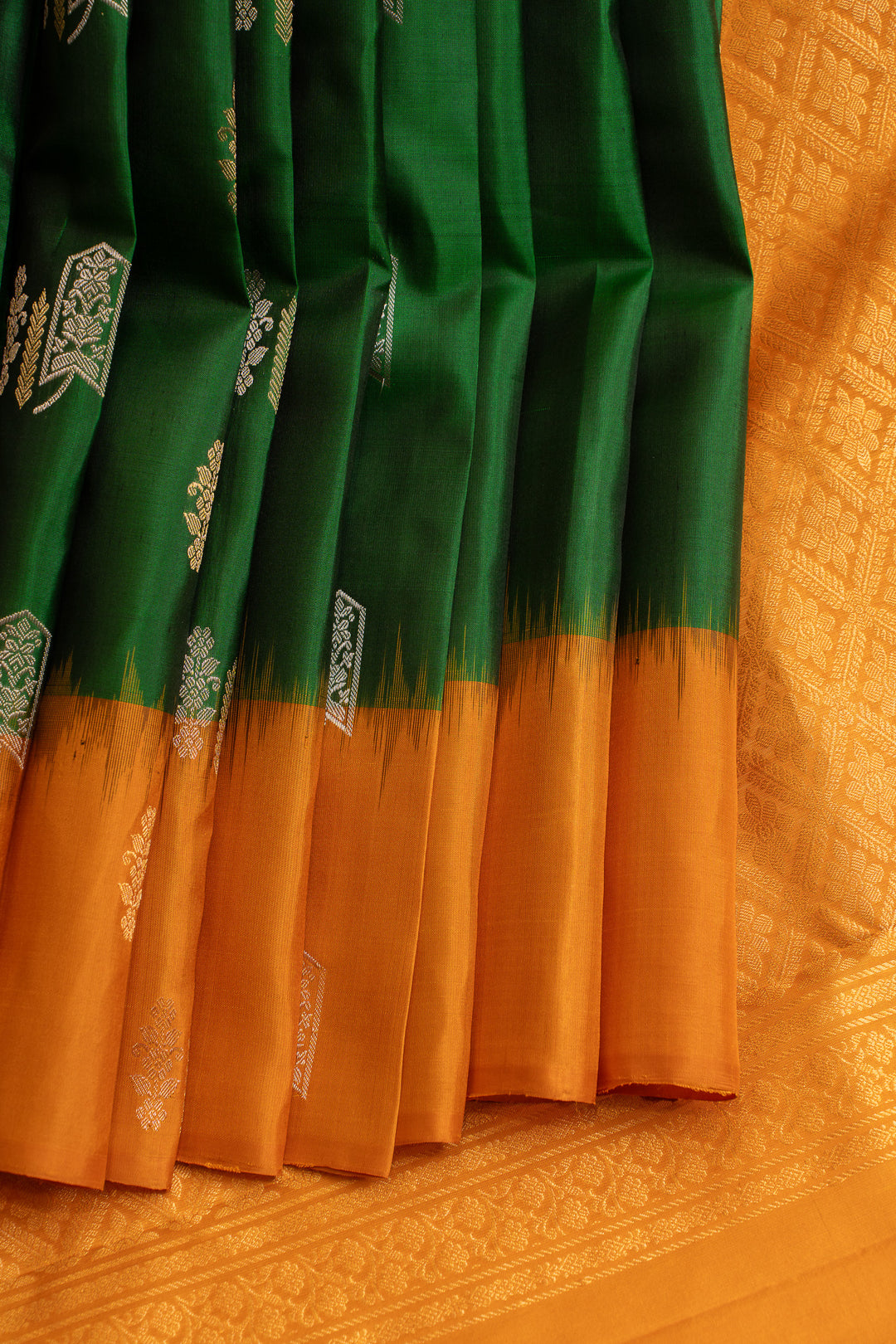 Bottle green and mustard pure soft silk saree