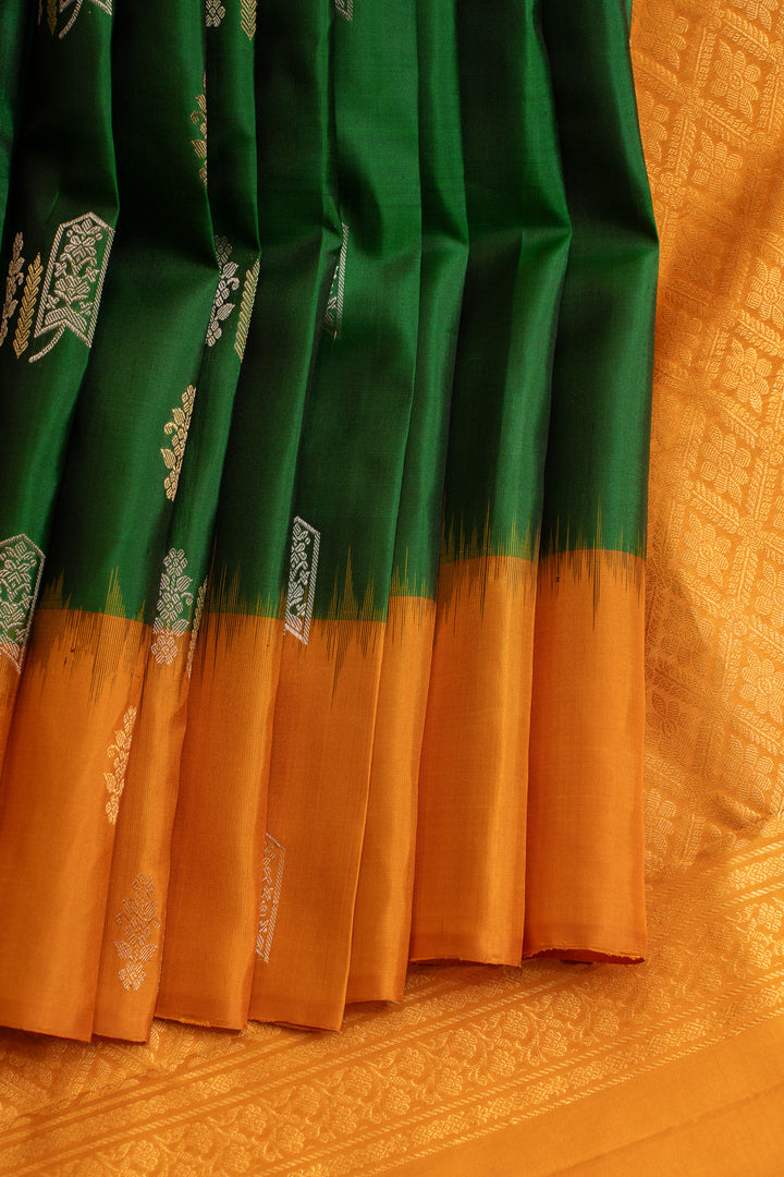 Bottle green and mustard pure soft silk saree