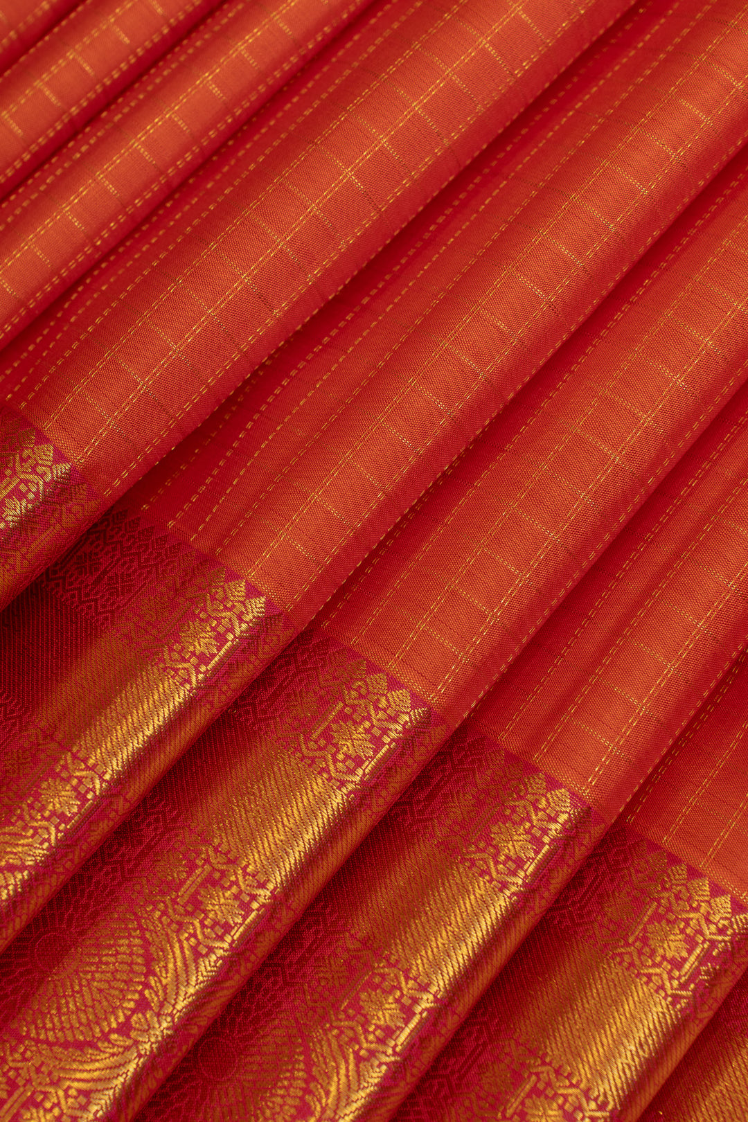Orange zari checks pure Kanchipuram  silk saree