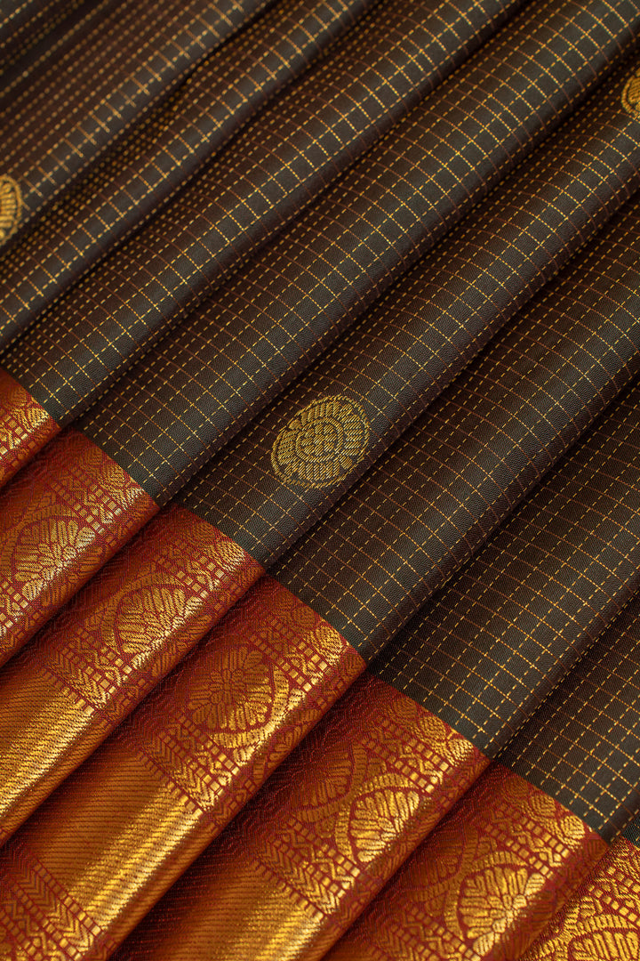 Black and red zari checks pure Kanchipuram silk saree