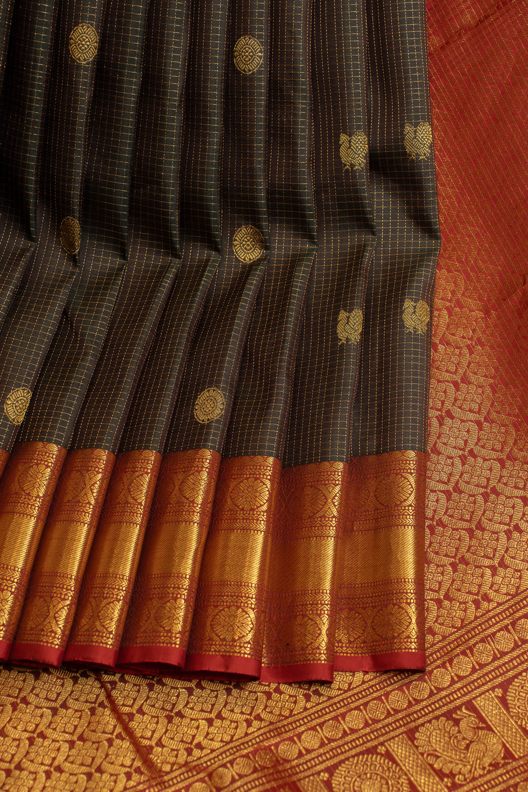 Black and red zari checks pure Kanchipuram silk saree