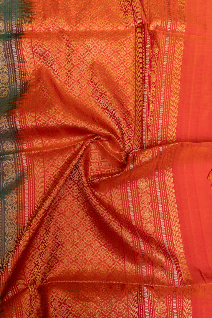 Peacock blue and red pure soft silk saree
