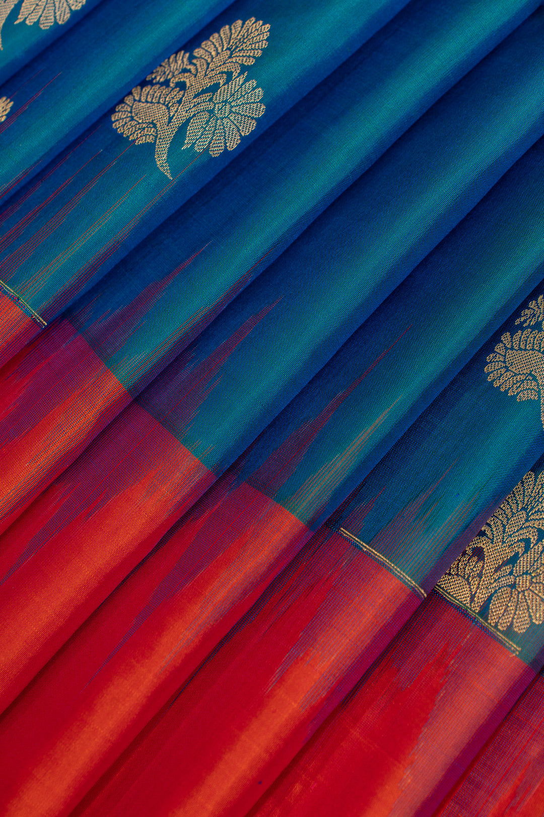 Peacock blue and red pure soft silk saree