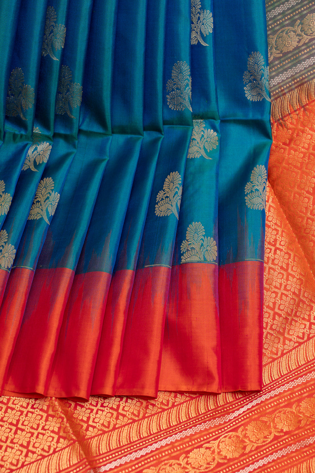 Peacock blue and red pure soft silk saree