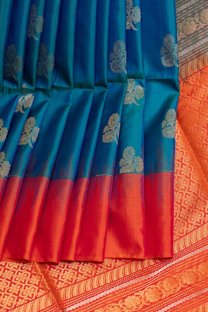 Peacock blue and red pure soft silk saree