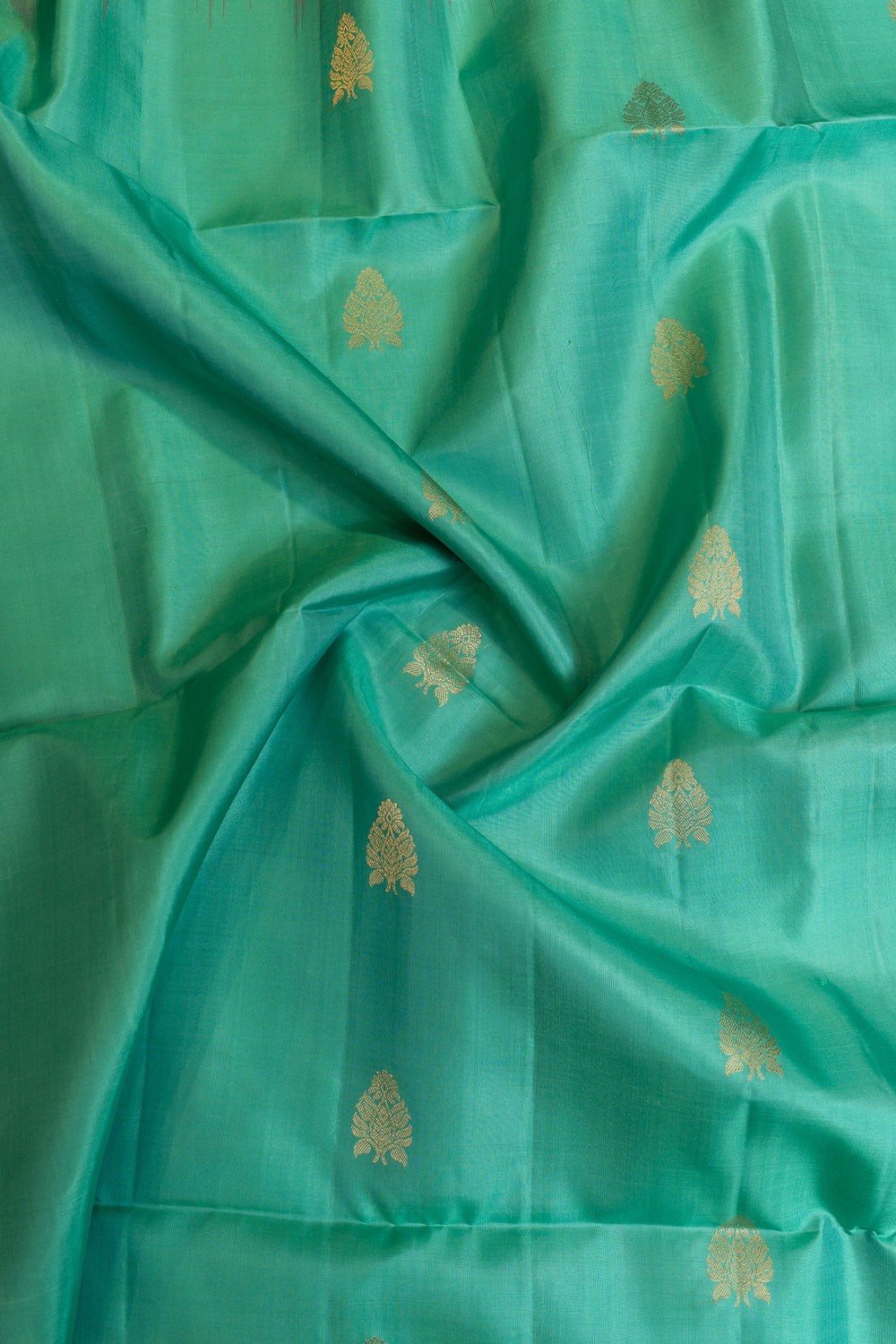 Teal blue and red pure soft silk saree