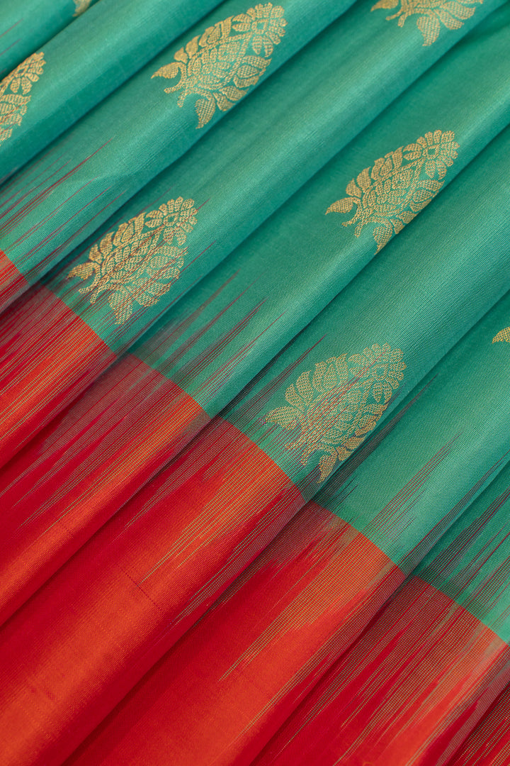Teal blue and red pure soft silk saree