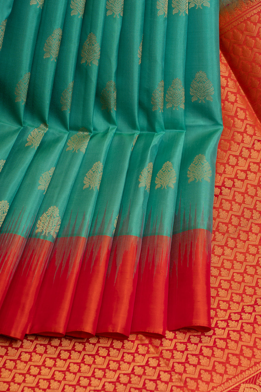 Teal blue and red pure soft silk saree