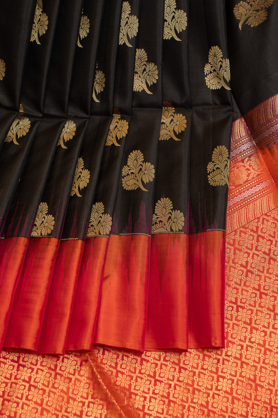 Black and orange pure soft silk saree