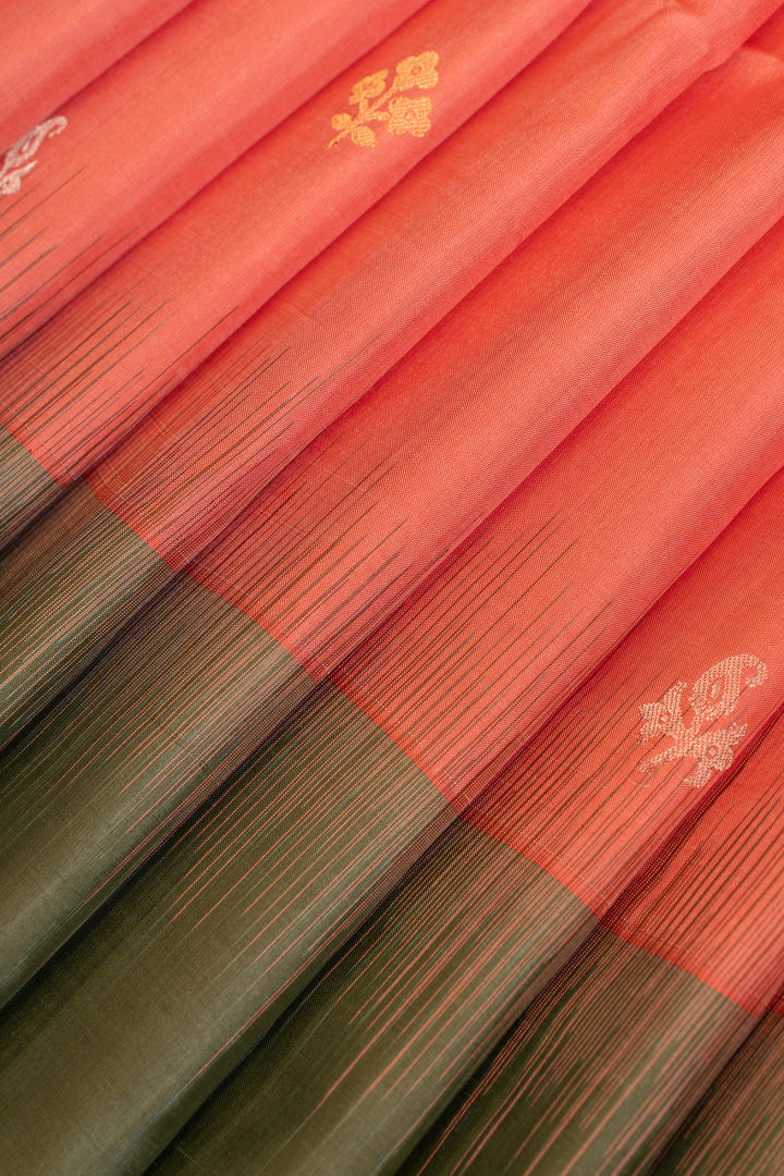 Peach and Elaichi green pure soft silk saree