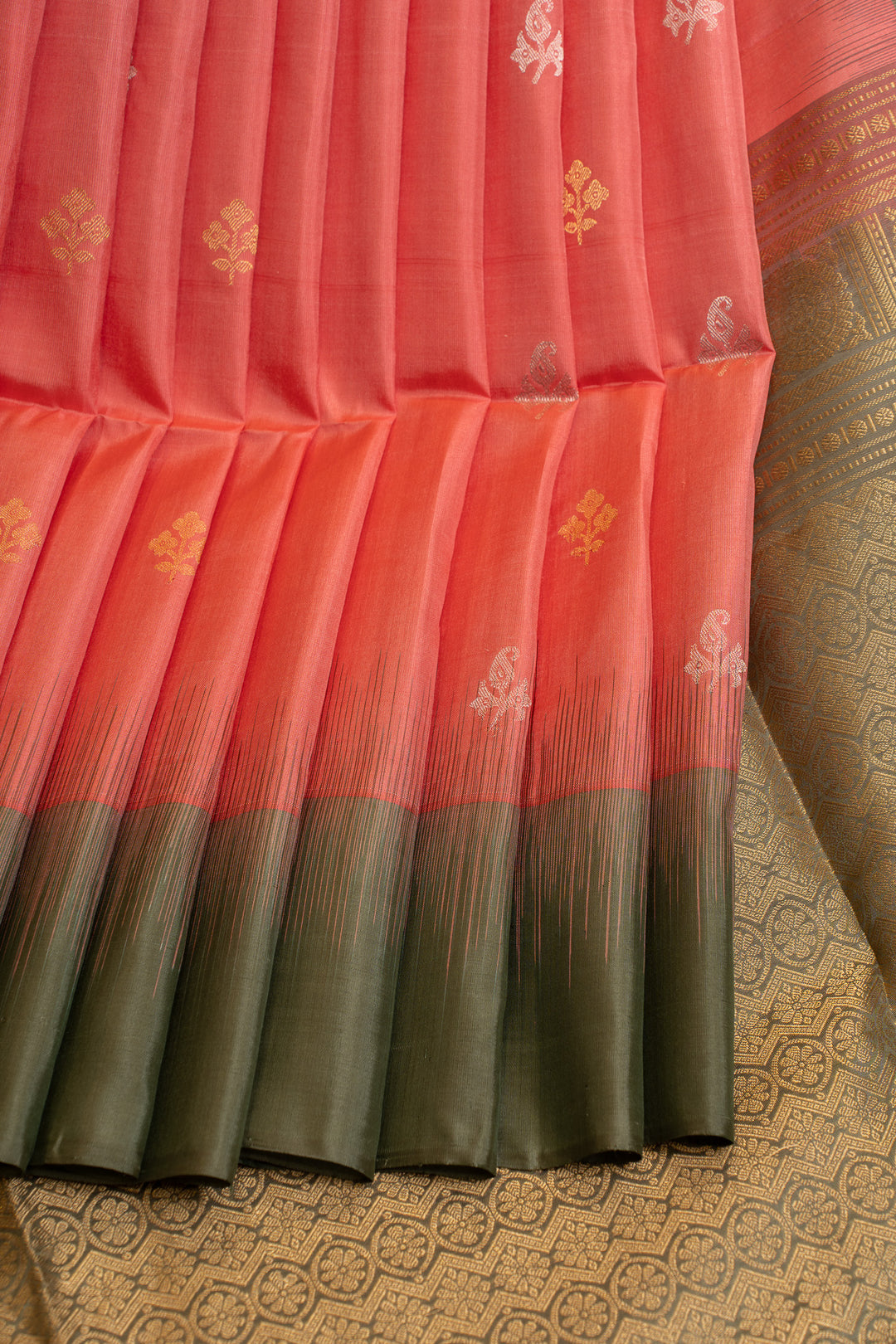 Peach and Elaichi green pure soft silk saree