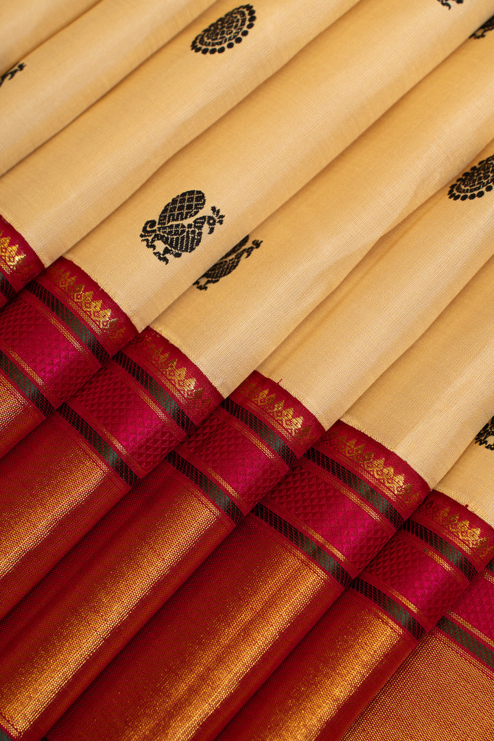 Beige and red thread motifs  pure Kanchipuram silk saree