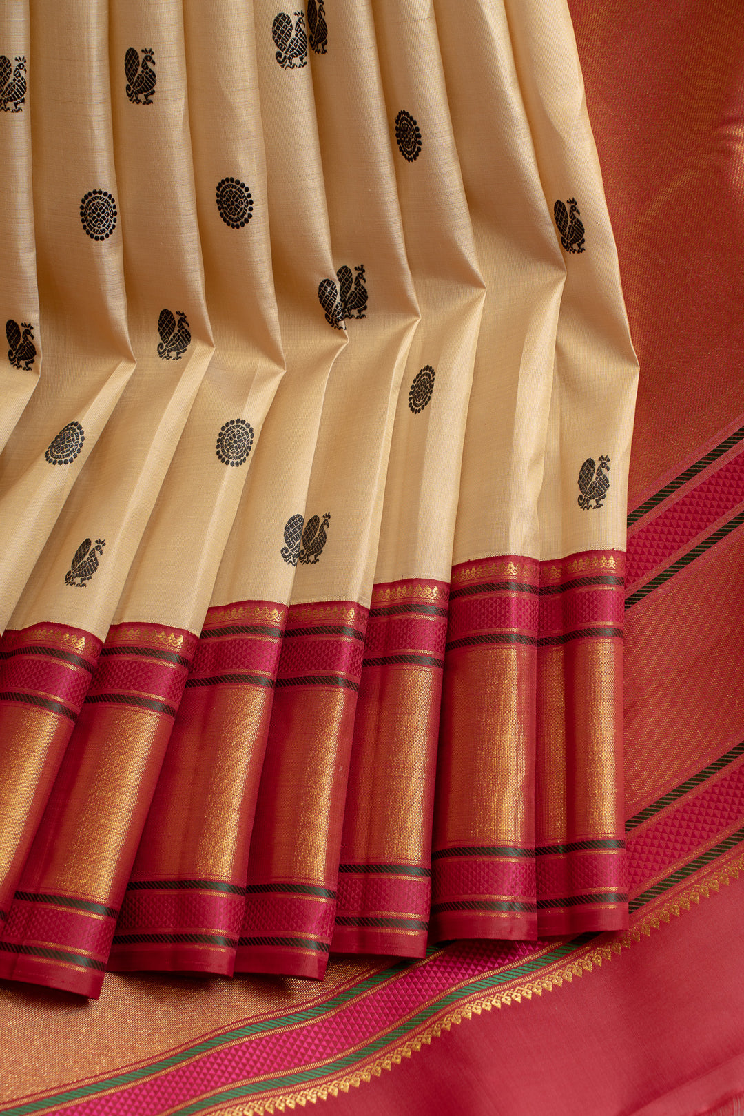 Beige and red thread motifs  pure Kanchipuram silk saree