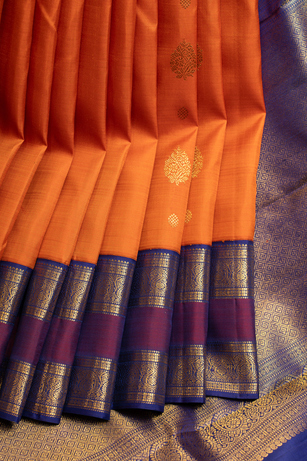 Rust orange and MS blue pure Kanchipuram silk saree
