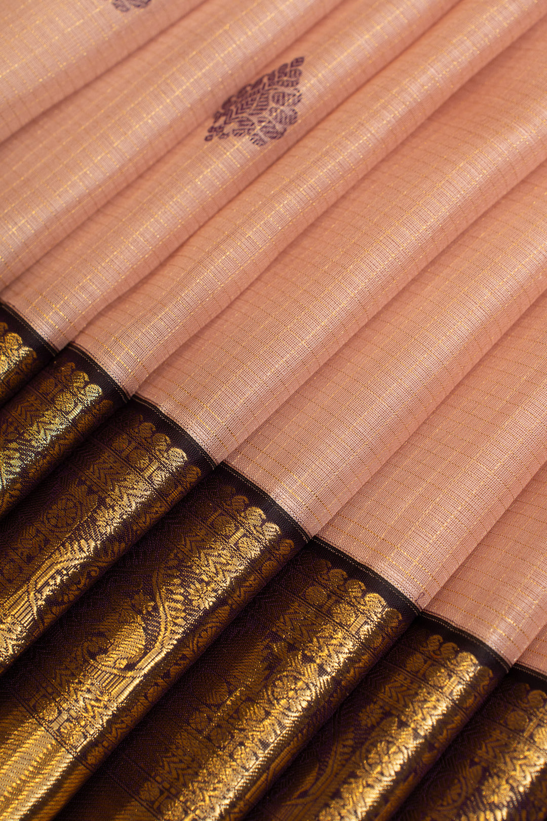 Onion pink zari checks pure Kora Kanchipuram silk saree