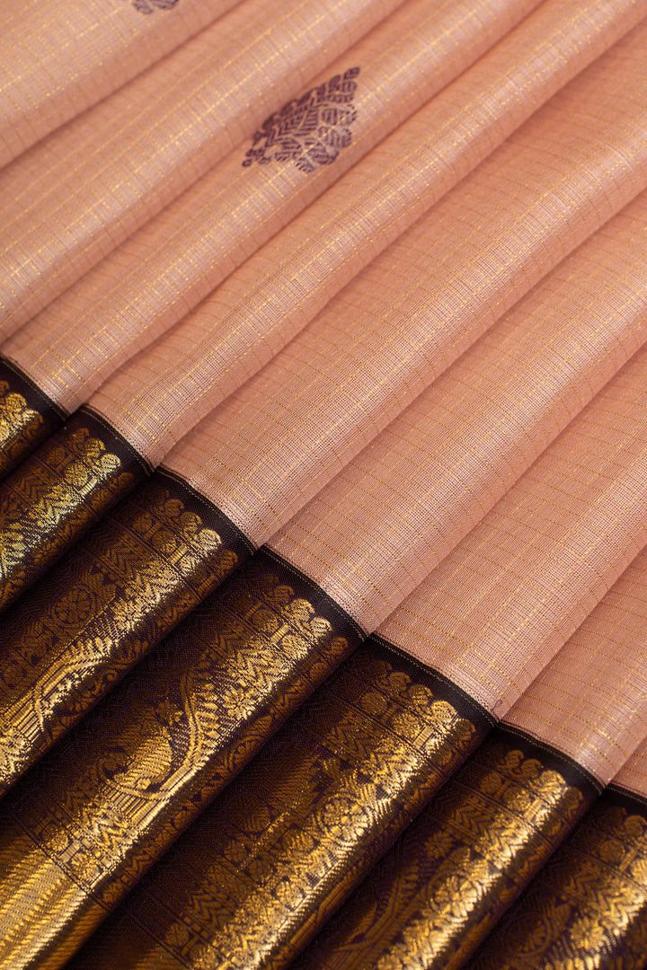 Onion pink zari checks pure Kora Kanchipuram silk saree