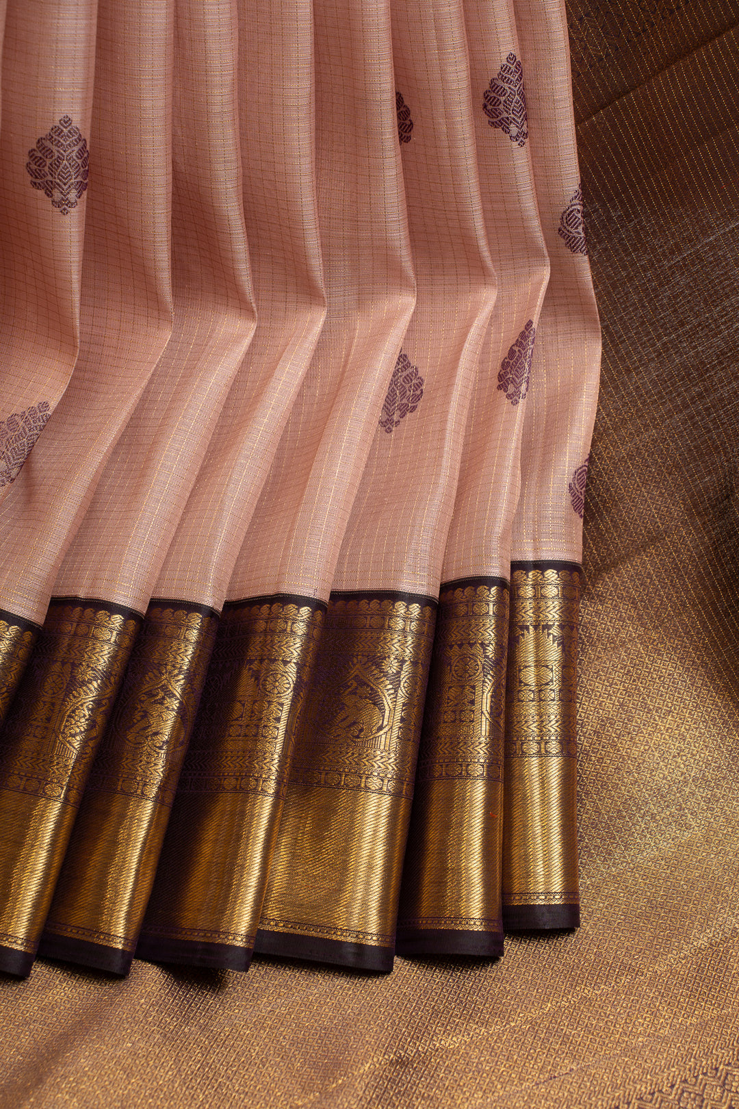 Onion pink zari checks pure Kora Kanchipuram silk saree