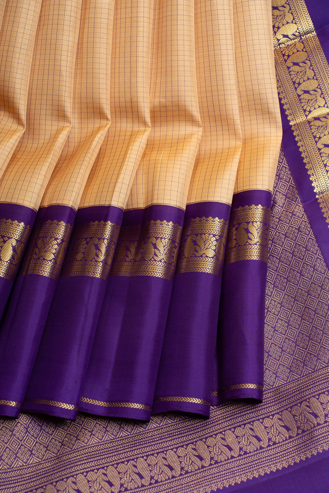 Cream and purple pure Kanchipuram silk saree