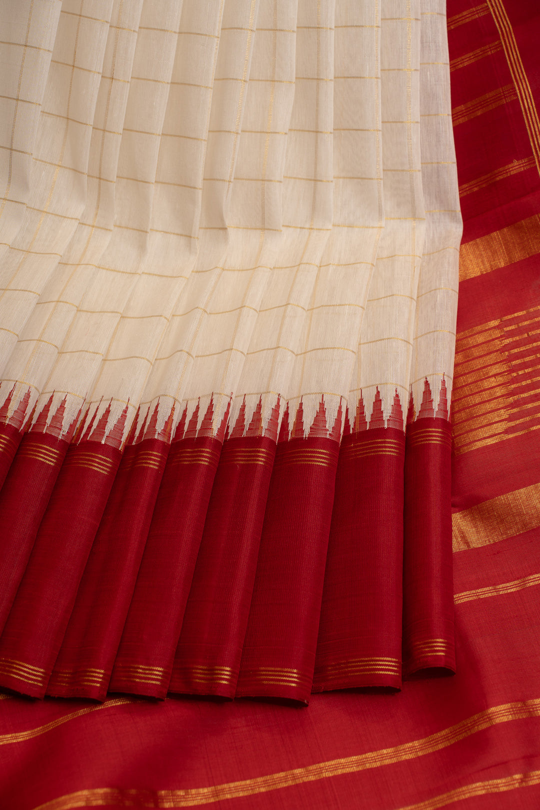 Pearl white and red pure linen Kanchipuram silk saree