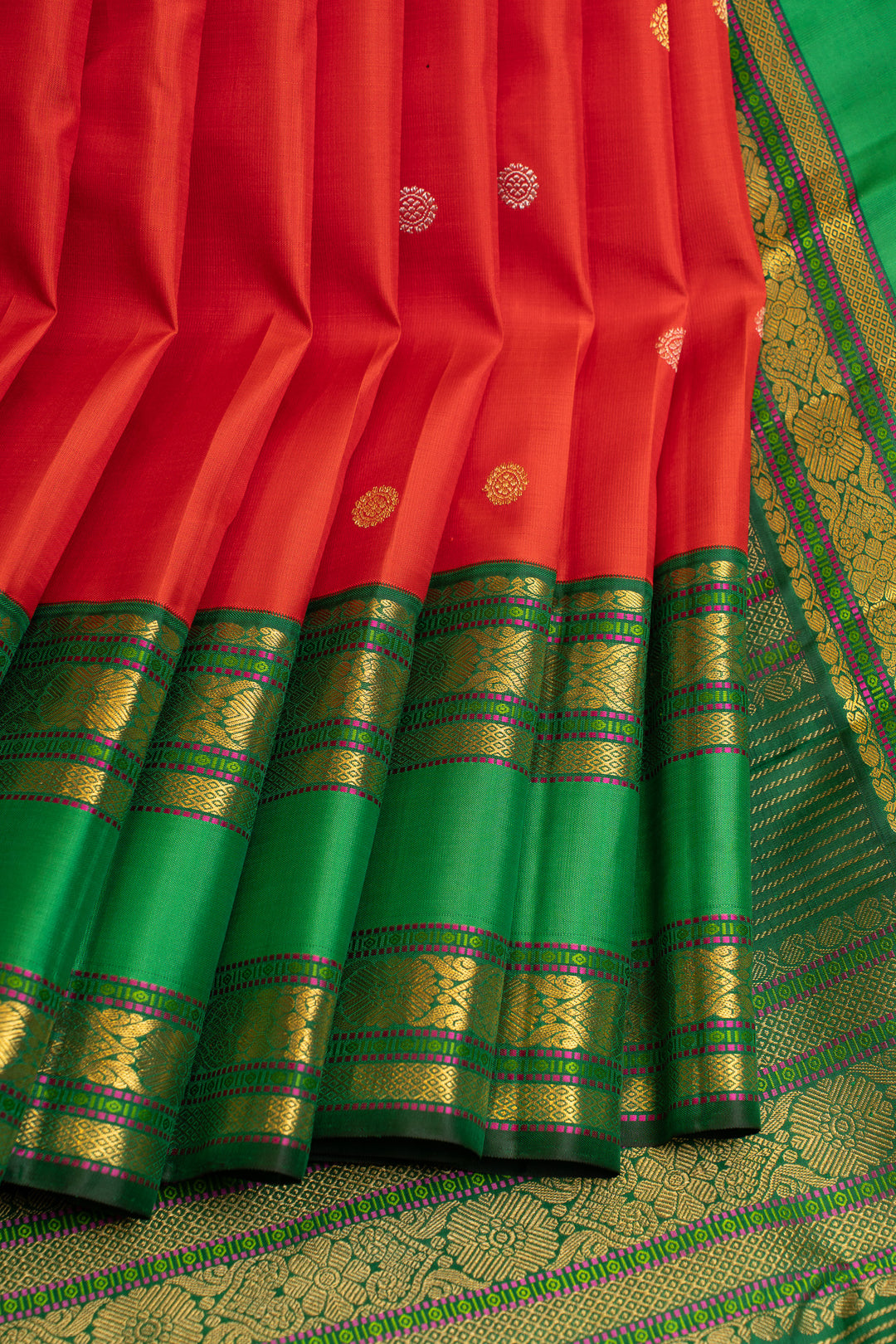 Red and green rettai pettu pure Kanchipuram silk saree